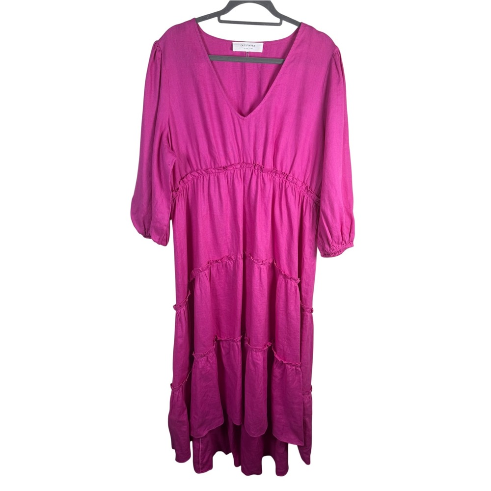 Trina Turk Dreamworthy Hot Pink 100% Linen Tiered Maxi Dress Size XXL Hi Low Hem